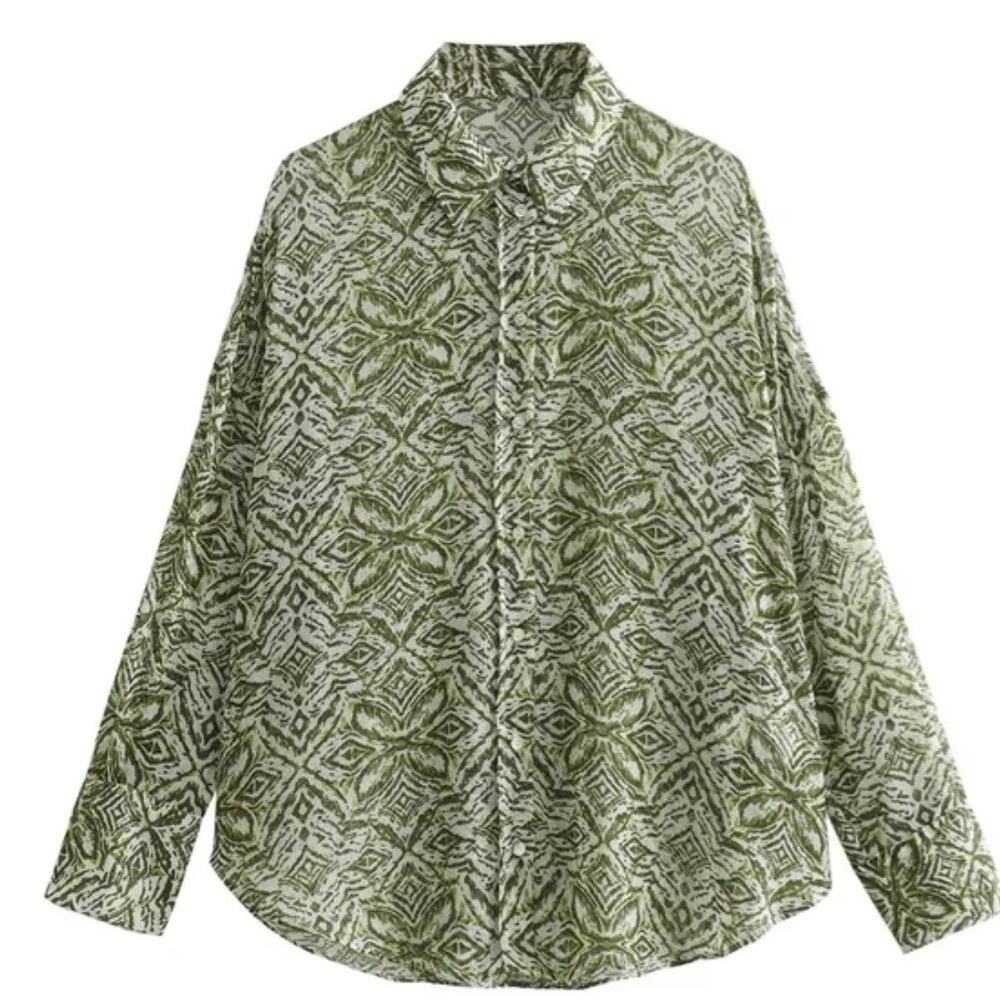 Zara Flowy Lightweight Green and‎ White Abstract Print Long Sleeve Blouse